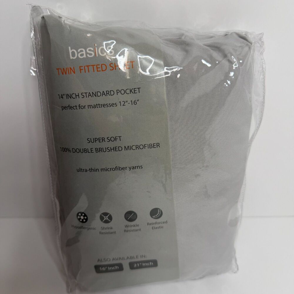 Basics Twin Size Fitted Sheet 14" Pocket Double Brushed Microfiber Solid Gray